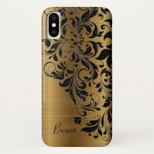 Metallic Gold Print & Black Floral Lace iPhone X Case