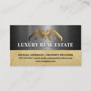 Metallic Gold Property Logo   Metal   Wood Grain Business Card