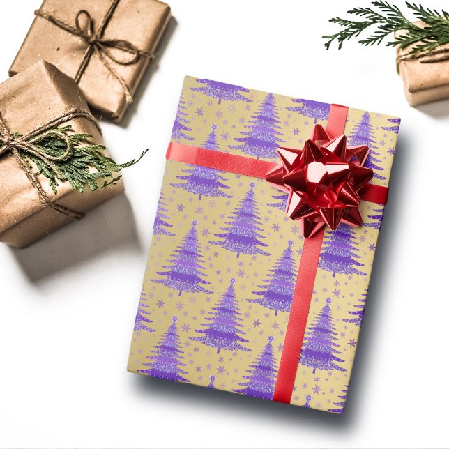 Metallic Gold Purple Christmas Trees Pattern Wrapping Paper (Creator Uploaded)
