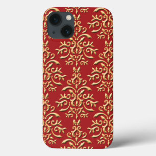 Metallic Gold Red Damask Pattern iPhone 13 Case