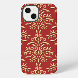 Metallic Gold Red Damask Pattern iPhone Case