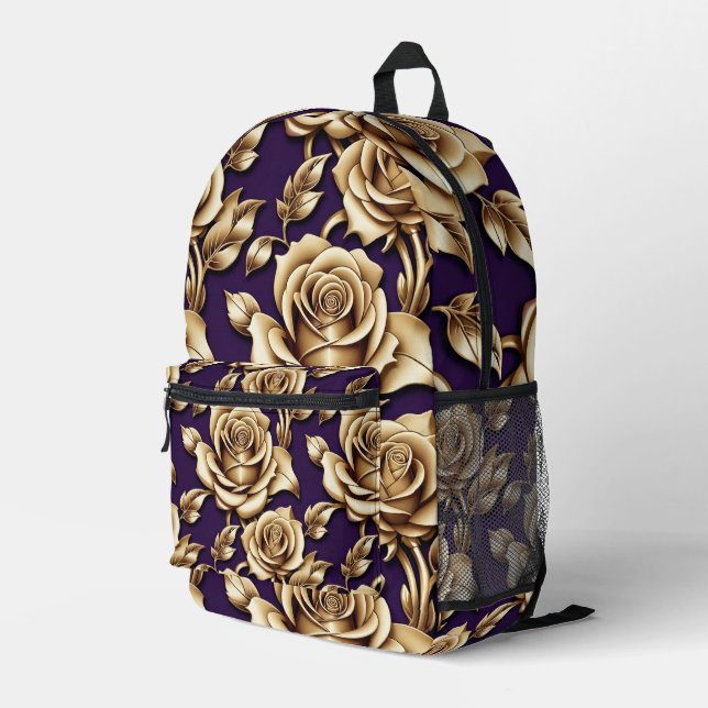 Metallic Gold Roses On A Matte Deep Purple  Printed Backpack (Back Corner Right)