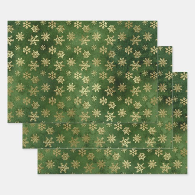 Metallic Gold Snowflakes on Green Wrapping Paper Sheet (Set)