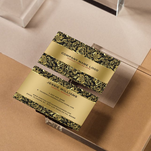 Metallic gold Stainless Steel & Floral Damasks Business Card (Creator Uploaded)