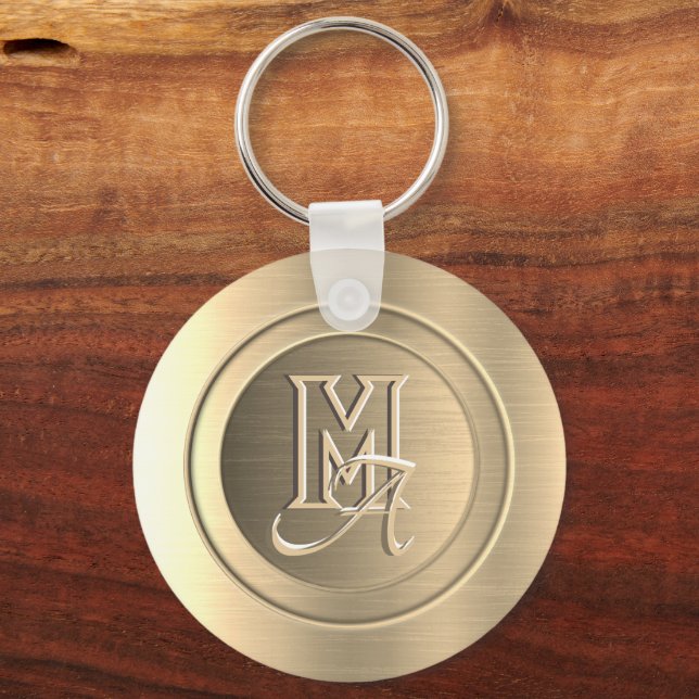 Metallic Gold Steel Engraved Monogram Key Ring (Back)