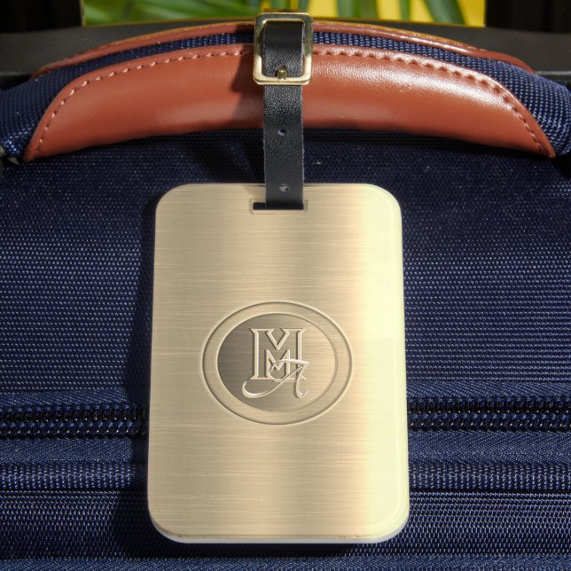 Metallic Gold Steel Engraved Monogram Luggage Tag (Front Insitu 2)