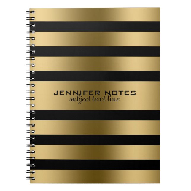 Metallic Gold Stripes Black Background Notebook (Front)