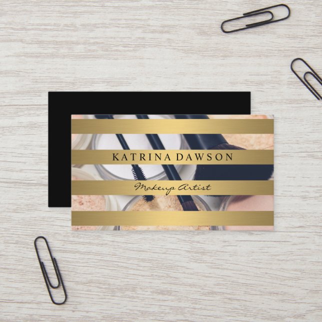 Metallic Gold Stripes Makeup Brushes Foundation Business Card (Front/Back In Situ)