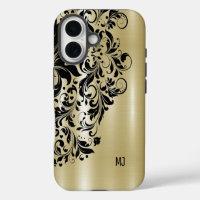 Metallic Gold Texture Black Swirl Accent Monogram