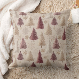 Metallic Gold Trees and Burgundy Christmas Forest Cushion