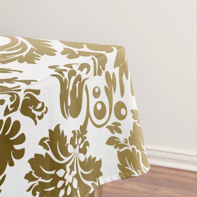 Metallic Gold White Floral Damasks Tablecloth (In Situ)