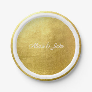 Metallic Gold White Script Names Wedding Paper Plate
