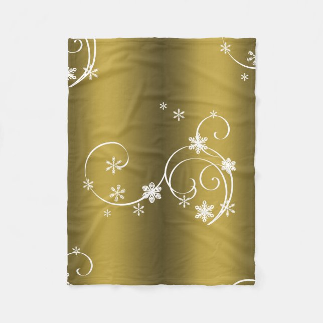 Metallic Gold, White Swirls Christmas Fleece Blanket (Front)