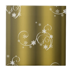 Metallic Gold, White Swirls Christmas Tile