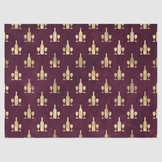 Metallic Gold Wine Bottles and Glasses on Maroon Tissue Paper (Front)