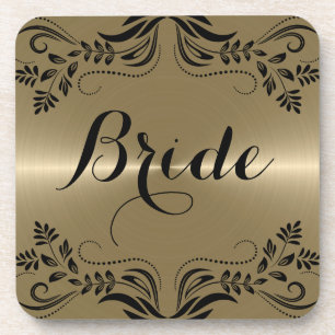 Metallic Gold With Black Floral Frame Coaster