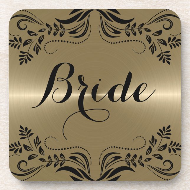 Metallic Gold With Black Floral Frame Coaster (Front)