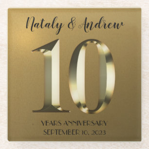Metallic golden 10th Wedding Anniversary Glass Coaster