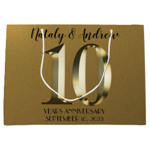 Metallic golden 10th Wedding Anniversary Large Gift Bag