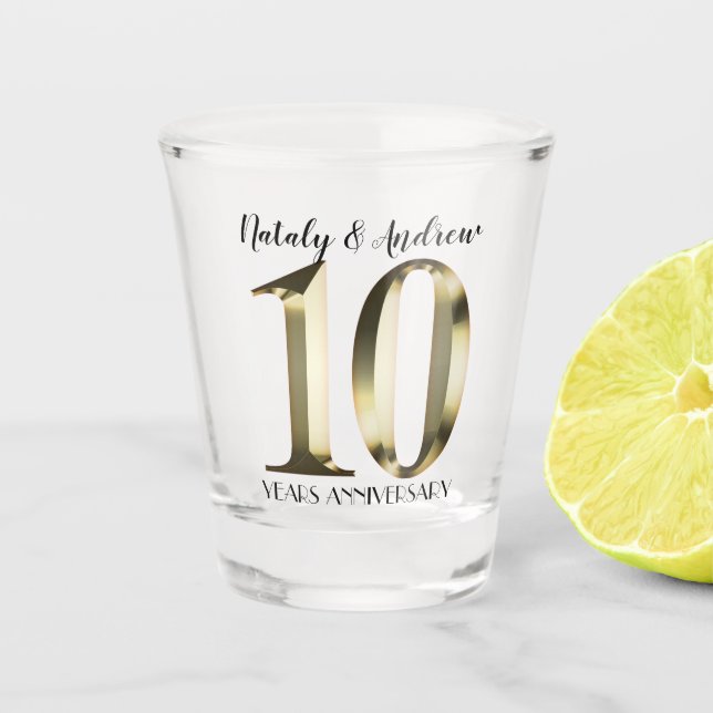 Metallic golden 10th Wedding Anniversary Shot Glass (Front)