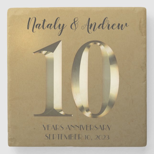 Metallic golden 10th Wedding Anniversary Stone Coaster (Front)