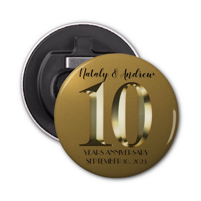 Metallic golden 10th Wedding Bottle Opener (Front)