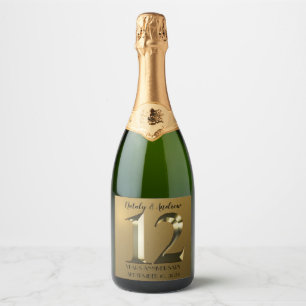Metallic golden 12th Wedding Anniversary Champagne Sparkling Wine Label