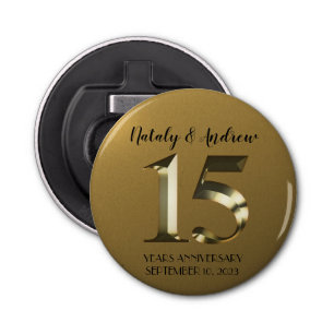 Metallic golden 15th Wedding Anniversary Bottle Opener