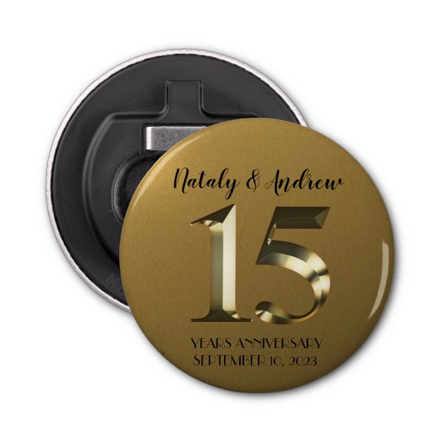 Metallic golden 15th Wedding Anniversary Bottle Opener (Front)