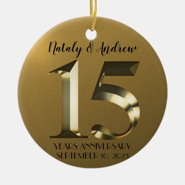 Metallic golden 15th Wedding Anniversary Ceramic Ornament (Front)