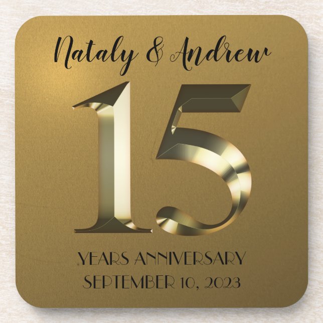 Metallic golden 15th Wedding Anniversary Coaster (Front)