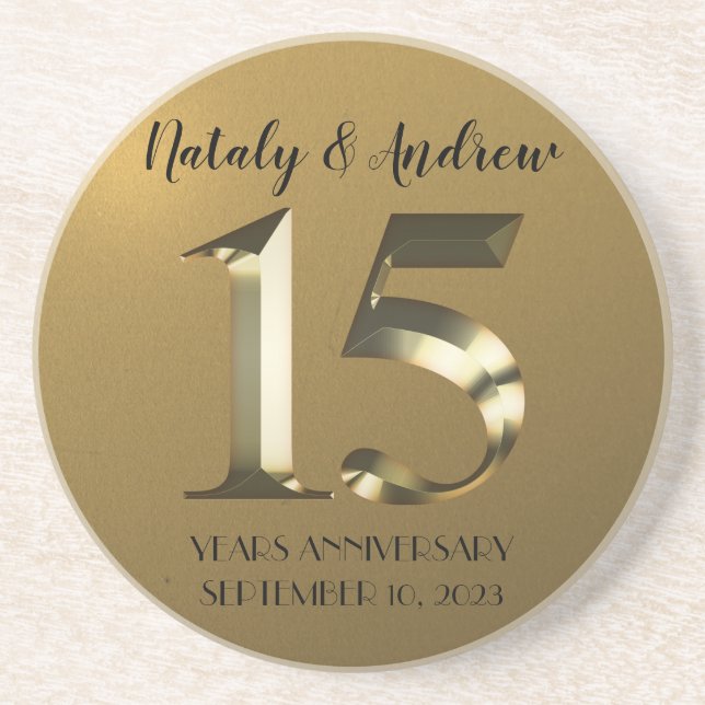 Metallic golden 15th Wedding Anniversary Coaster (Front)