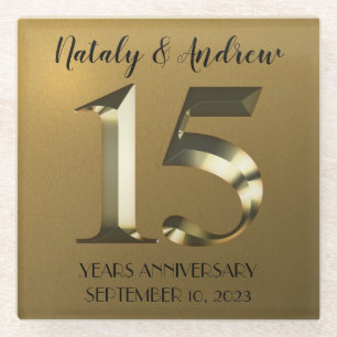 Metallic golden 15th Wedding Anniversary Glass Coaster