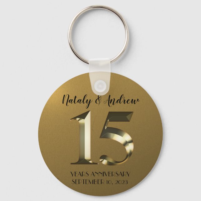 Metallic golden 15th Wedding Anniversary Key Ring (Front)
