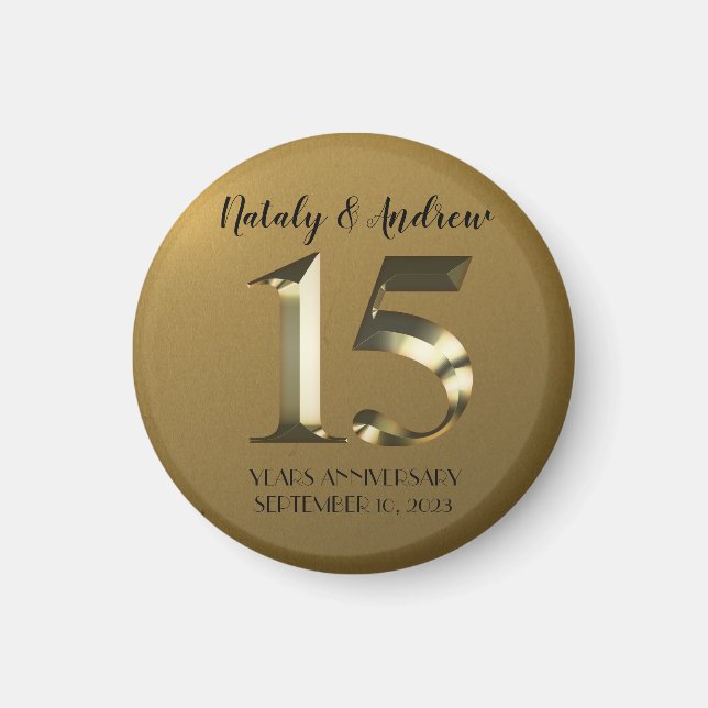 Metallic golden 15th Wedding Anniversary Magnet (Front)
