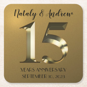 Metallic golden 15th Wedding Anniversary Square Paper Coaster