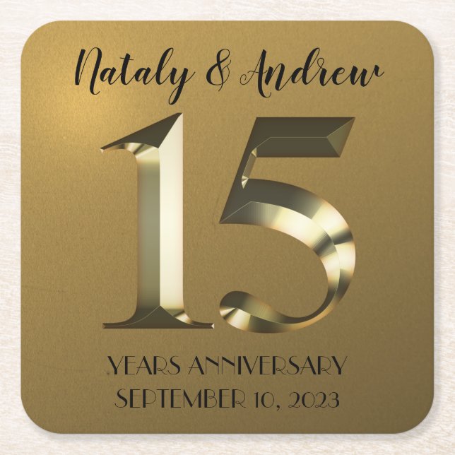 Metallic golden 15th Wedding Anniversary Square Paper Coaster (Front)