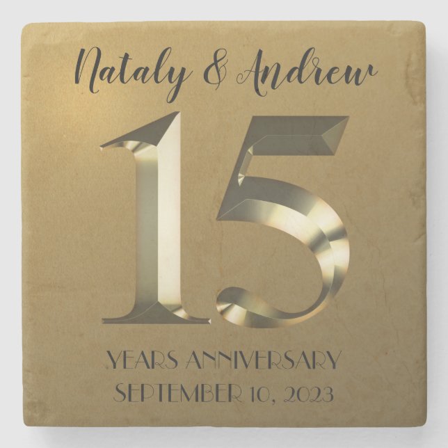Metallic golden 15th Wedding Anniversary Stone Coaster (Front)