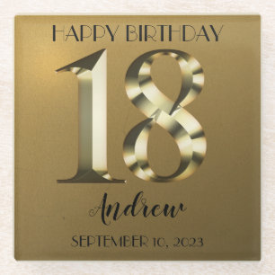 Metallic golden 18th birthday glass coaster