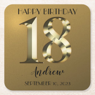 Metallic golden 18th birthday square paper coaster