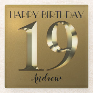 Metallic golden 19th birthday glass coaster