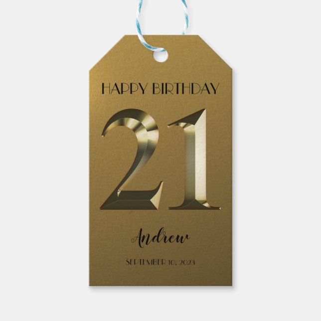 Metallic golden 21st birthday gift tags (Front)