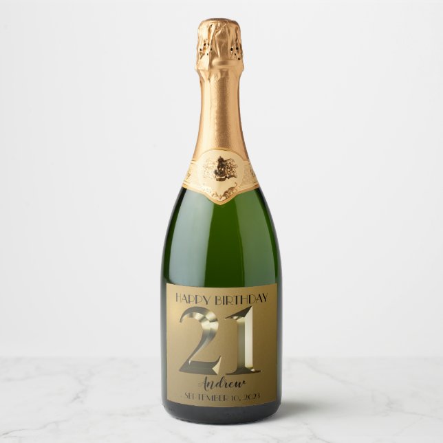 Metallic golden 21st birthday sparkling wine label (Front)