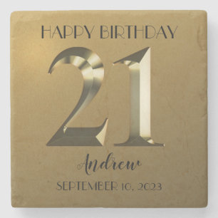 Metallic golden 21st birthday stone coaster