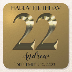 Metallic golden 22th birthday square paper coaster