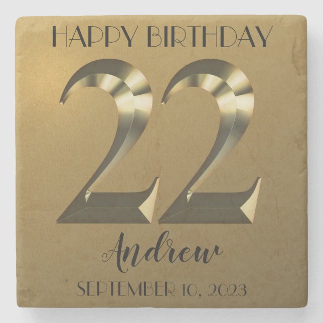 Metallic golden 22th birthday stone coaster (Front)