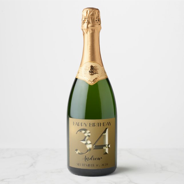 Metallic golden 34th birthday sparkling wine label (Front)