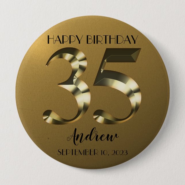 Metallic golden 35th birthday 10 cm round badge (Front)