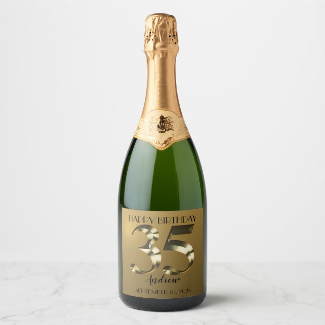 Metallic golden 35th birthday sparkling wine label (Front)