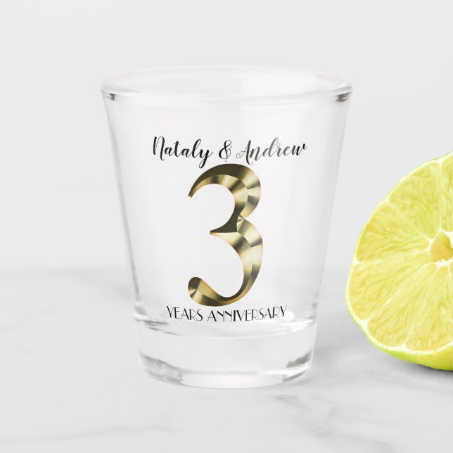 Metallic golden 3rd Wedding Anniversary Shot Glass (Front)